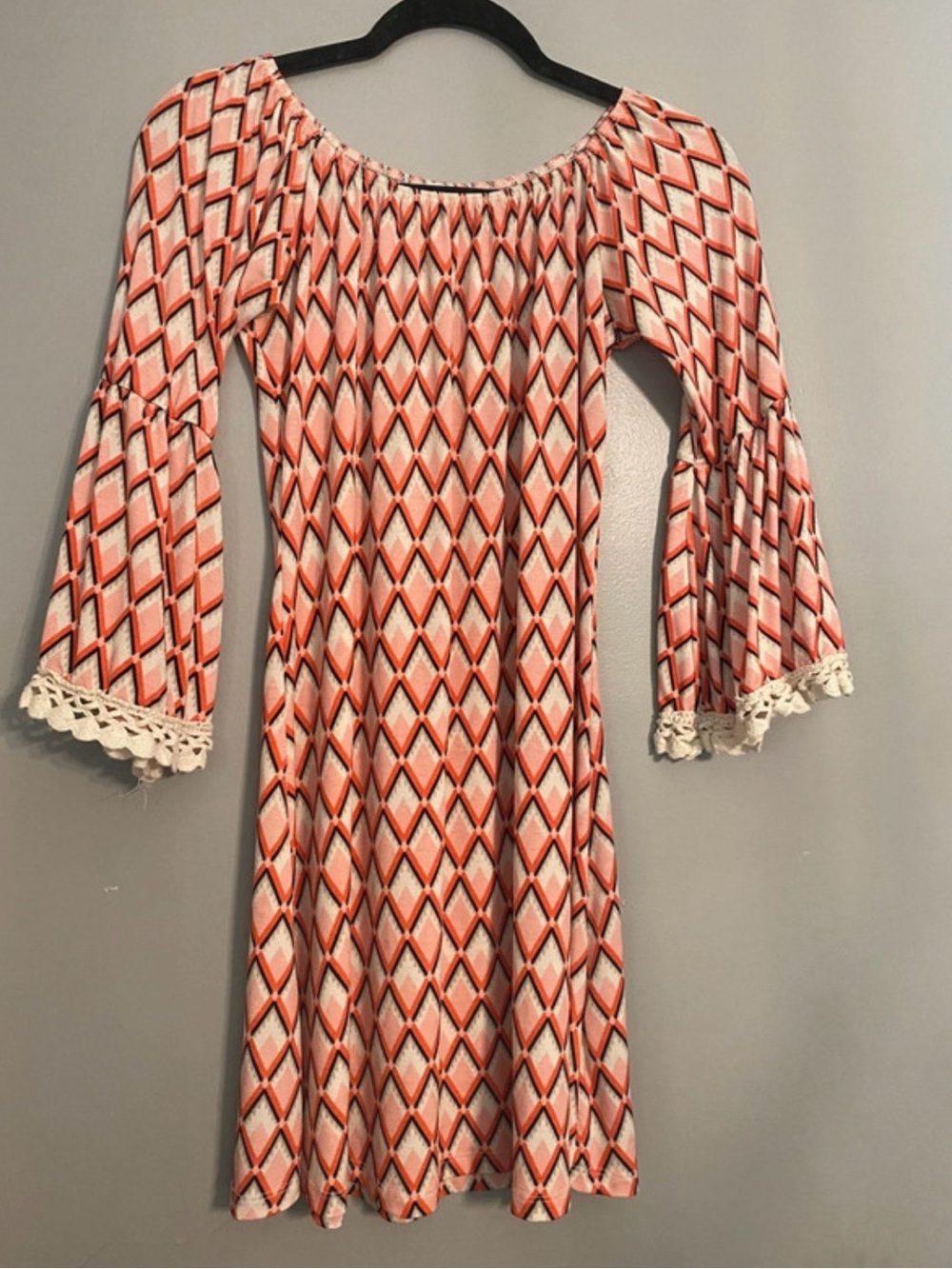 Girls Orange Diamond-Print Bell Sleeve Dress